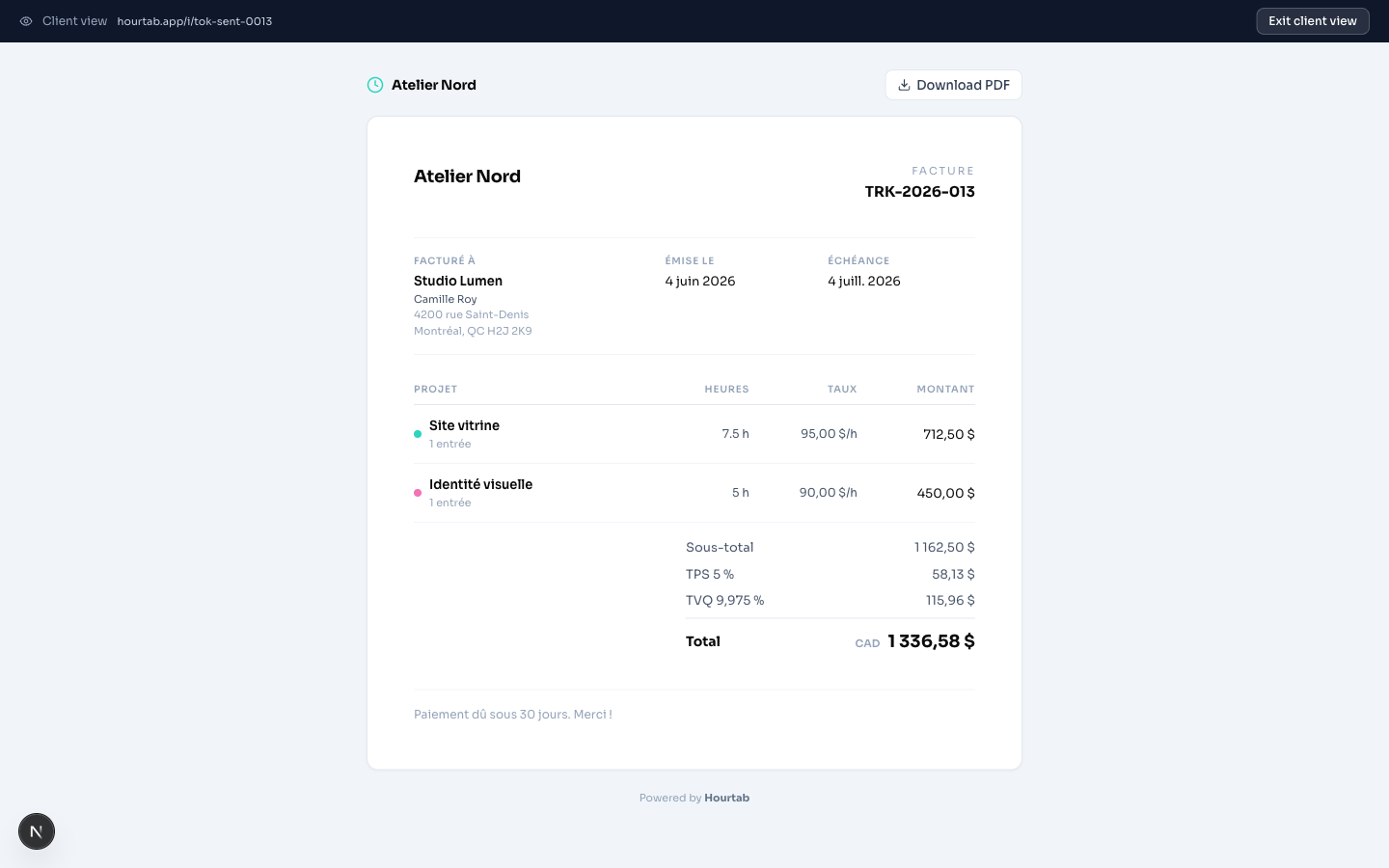 The hosted invoice page a client sees — a bilingual French invoice for Studio Lumen with TPS and TVQ broken out and a download-PDF button.